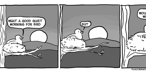 ambiguous_gender beak branch dialogue feral hill humor leaf nest outside plant side_view sky solo speech_bubble sun sunrise text the_truth toony tree floccinaucinihilipilification avian bird 2015 absurd_res black_and_white comic english_text hi_res monochrome url