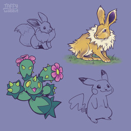 ambiguous_gender black_sclera brown_body brown_fur feral flower fur grass green_body horn looking_aside looking_up open_mouth plant simple_background sitting smile spikes spikes_(anatomy) standing tail taffywabbit nintendo pokemon eevee eeveelution elemental_creature flora_fauna generation_1_pokemon generation_5_pokemon jolteon maractus pikachu pokemon_(species) 1:1 2025 digital_media_(artwork)