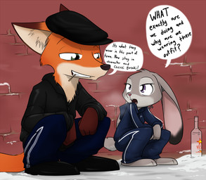alcohol anthro barefoot beverage bottle buckteeth clothing container crouching dialogue dipstick_ears duo ear_markings feet female flat_cap fur gopnik green_eyes grey_body grey_fur hat headgear headwear hoodie inner_ear_fluff long_ears looking_aside looking_at_another male multicolored_ears orange_body orange_fur outside purple_eyes slav_squat speech_bubble teeth text topwear tracksuit tuft vodka sandwich-anomaly third-party_edit disney zootopia judy_hopps nick_wilde canid canine fox lagomorph leporid mammal rabbit red_fox true_fox 2016 english_text hard_translated translated