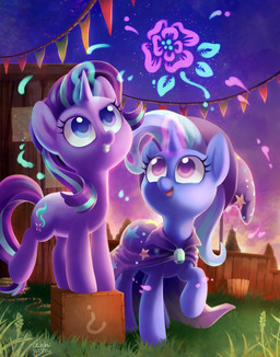 blue_eyes blue_hair cape clothing crate cutie_mark duo eyelashes female grass hair hat headgear headwear horn looking_up magic multicolored_hair open_mouth outside plant poster purple_eyes question_mark rope smile stage star teeth tree two_tone_hair celebi-yoshi friendship_is_magic hasbro my_little_pony mythology starlight_glimmer_(mlp) trixie_(mlp) equid equine mammal mythological_creature mythological_equine unicorn 2016 hi_res