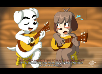 3_toes 4_fingers acoustic_guitar anthro biped black_bars blush bodily_fluids casual_nudity crossed_legs dialogue duo embarrassed feet fingers fur furniture guitar looking_at_another male musical_instrument nude one_eye_closed open_mouth paws playing_guitar playing_music plucked_string_instrument stool string_instrument sweat sweatdrop text toes tongue white_body white_fur wink coshi-dragonite animal_crossing nintendo digby_(animal_crossing) k.k._slider canid canine canis domestic_dog mammal shih_tzu toy_dog 2013 digital_media_(artwork) english_text hi_res letterbox