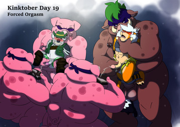 anthro armor bodily_fluids cum cum_collecting cum_on_face cum_on_plate diaper forced forced_orgasm genital_fluids genitals group handjob male male/male nude orgasm penile penis penis_milking sex text leoniro_the_inklion domestic_pig inklion koala mammal marsupial suid suine sus_(pig) vombatiform wild_boar absurd_res english_text hi_res