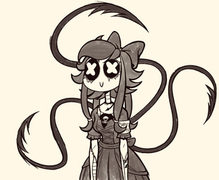 3_tails accessory armband biped blade_tail bow_ribbon closed_smile clothed clothed_female clothed_humanoid clothing corrugated_arms corrugated_neck corrugation directional_arrow dress female female_humanoid hair hair_accessory hair_bow hair_ribbon hair_tie machine mouth_closed multi_tail ribbons smile solo standing surgical_suture tail x_eyes gooseworx glitch_productions murder_drones cyn_(murder_drones) tessa_(murder_drones) android humanoid robot worker_drone 2024 greyscale half-length_portrait hi_res monochrome portrait