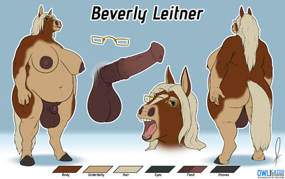animal_genitalia animal_penis anthro balls equine_genitalia equine_penis erection eyewear flair genitals glasses gynomorph hooves intersex mature_gynomorph mature_intersex nude overweight penis sheath solo teeth tongue urethra owligatorstudios beverly_leitner equid equine horse mammal 2021 model_sheet