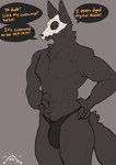 anthro bulge canid canine canis clothing cosplay costume dialogue drstrangeluvve english_text halloween hi_res holidays male mammal mask muscular scp-1471-a scp_foundation skull_mask smile solo text thong underwear wolf