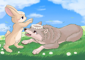 4_toes ambiguous_gender black_nose blue_eyes blush brown_body brown_eyes brown_fur claws cloud day detailed_background digitigrade duo eye_contact eyelashes facial_tuft fangs feet feral fingers flower flower_accessory flower_crown flower_necklace fluffy fur garland grass grey_body grey_fur looking_at_another looking_up lying multicolored_body multicolored_fur on_front open_mouth outside pawpads paws pink_tongue plant purple_eyes quadruped short_tail side_view size_difference sky smile standing tail tan_body tan_fur teeth toes tongue tuft two_tone_body two_tone_fur white_body white_fur fusau canid canine canis domestic_rabbit dwarf_rabbit lagomorph leporid mammal oryctolagus rabbit wolf 2022 absurd_res detailed digital_media_(artwork) hi_res