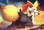 accident anthro blush braided_hair butt clumsy embarrassed featureless_crotch female hair hand_on_mouth inner_ear_fluff kneeling looking_back magic_wand pawpads rear_view simple_background solo stick tuft thwillartz nintendo pokemon pardonne braixen generation_6_pokemon pokemon_(species) hi_res signature