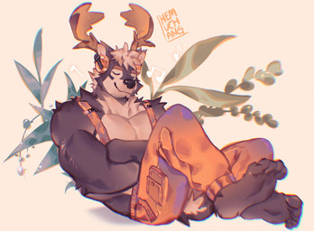 anthro blue_body blue_fur bottomwear clothing crossed_arms eyes_closed fur listening_to_music male moose_antlers muscular muscular_anthro muscular_male orange_bottomwear orange_clothing orange_pants pants solo white_body white_fur hemuchang deer mammal moose new_world_deer 2022 hi_res