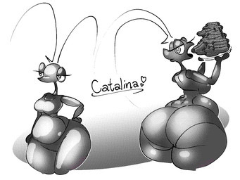 anthro belly big_butt breasts butt female food solo text blahblah866 arthropod insect 2023 4:3 hi_res
