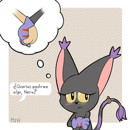 accessory avoiding_eye_contact black_body black_fur blush claws clothing dialogue disembodied_hand disembodied_paw eyelashes fantasizing fantasy female fur furgonomics gloves hand_holding handwear jewelry ring shy solo tail tail_accessory tail_jewelry tail_ring text thought_bubble mr_harinezumi bandai_namco digimon nera_(el_senor_erizo) blackgatomon digimon_(species) felid feline human mammal 1:1 hi_res spanish_text