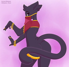 5_fingers anthro bedroom_eyes big_butt biped black_body black_eyes black_fur black_tail bottomless bracelet butt cheek_tuft clothed clothing convenient_censorship crop_top ears_back facial_tuft female fingers fur gold_(metal) gold_jewelry half-closed_eyes harem harem_outfit head_tuft humanoid_hands jewelry leglet long_tail looking_at_viewer looking_back melanistic narrowed_eyes outline pivoted_ears pose presenting presenting_hindquarters purple_background rear_view red_clothing red_topwear ring seductive shirt simple_background skimpy small_waist smile snout solo standing tail tail_censorship toony topwear translucent translucent_clothing tuft veil whygena ptekai domestic_cat felid feline felis mammal 2018 digital_drawing_(artwork) digital_media_(artwork) hi_res portrait three-quarter_portrait