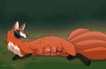 2022 4_tails apex_(artist) black_eyes breasts canid canine claws detailed_background female feral field fox grass hi_res katabasis_(web_serial) lying mammal multi_breast multi_nipple multi_tail nipples plant smile solo tail teats tongue tongue_out yuli_morevna