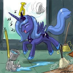 blue_body blue_feathers blue_hair broom bucket cleaning cleaning_tool container crown cutie_mark dancing detailed_background feather_duster feathered_wings feathers female feral hair happy headgear horn magic mop musical_note musical_symbol quadruped rag solo spray_bottle symbol tail toony water window wings john_joseco friendship_is_magic hasbro my_little_pony mythology princess_luna_(mlp) equid equine mammal mythological_creature mythological_equine winged_unicorn 1:1 2011