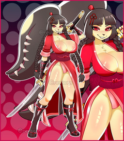 anthro areola areola_slip armor big_breasts border braided_hair breasts butt clothing female hair huge_breasts katana legwear long_hair melee_weapon ninja red_border samurai solo stockings sword warrior weapon revkoen nintendo pokemon generation_3_pokemon mawile pokemon_(species) absurd_res digital_media_(artwork) hi_res model_sheet