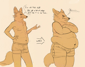 anthro before_and_after belly briefs briefs_only clothed clothing crossed_arms dialogue grumpy hand_on_hip male navel orange_background overweight overweight_anthro overweight_male simple_background slightly_chubby slightly_chubby_anthro slightly_chubby_male solo speech_bubble standing text topless torn_clothing torn_underwear underwear underwear_only weight_gain cettus canid canine canis coyote mammal english_text sequence