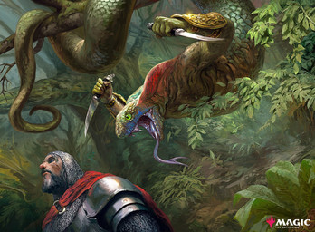 5_fingers ambush angry anthro apode armor beard chainmail dagger duo facial_hair fingers forked_tongue green_body green_scales holding_dagger holding_melee_weapon holding_object holding_weapon leaf legless male melee_weapon plant plate_armor scales serpentine tail tongue tongue_out tree weapon simon_dominic hasbro magic:_the_gathering wizards_of_the_coast draconcopode human mammal naga hi_res official_art