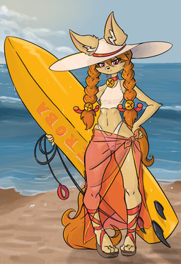 accessory anthro arm_tuft beach bell bell_collar bottomwear bow_ribbon braided_hair clothed clothing cloud collar day droplets ear_tuft elbow_tuft facial_tuft female flat_chested footwear fur hair hair_accessory hair_bow hair_ribbon hand_on_hip hat headgear headwear hip_tuft holding_object holding_surfboard long_hair long_tail looking_at_viewer orange_body orange_fur orange_hair orange_tail outside pigtails red_bottomwear red_clothing red_eyes red_skirt ribbons sand sandals sea shoes skirt solo standing surfboard swimwear tail text tied_hair translucent translucent_bottomwear translucent_clothing translucent_skirt tuft twin_braids two-piece_swimsuit water wet wet_body white_clothing white_swimwear snoutless undertale undertale_(series) undertale_yellow ceroba_ketsukane canid canine fox mammal 2025 absurd_res artist_name digital_drawing_(artwork) digital_media_(artwork) english_text hi_res