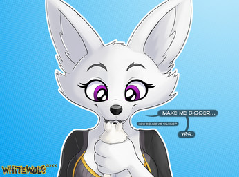 4_fingers anthro black_clothing black_tipped_ears breasts clothing duo female fingers fur holding_another larger_female looking_at_another macro male purple_eyes simple_background size_difference smaller_male smile text white_body white_ears white_fur whitewolf20xx blizzard_entertainment warcraft del_(whitewolf20xx) vayreena arctic_wolf canid canine canis fox mammal vulpera wolf digital_media_(artwork) english_text hi_res