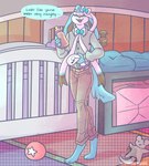 anthro anthrofied baby_bottle clean_diaper clothing crib dialogue diaper feeding_bottle folded_diaper holding_diaper male padding pokemorph solo text touching_diaper subdivisions nintendo pokemon eeveelution generation_6_pokemon pokemon_(species) shiny_pokemon sylveon english_text hi_res