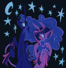 blush duo ethereal_hair female feral horn moon night star wings peaceandlove26 friendship_is_magic hasbro my_little_pony mythology princess_luna_(mlp) twilight_sparkle_(mlp) equid equine mammal mythological_creature mythological_equine unicorn winged_unicorn
