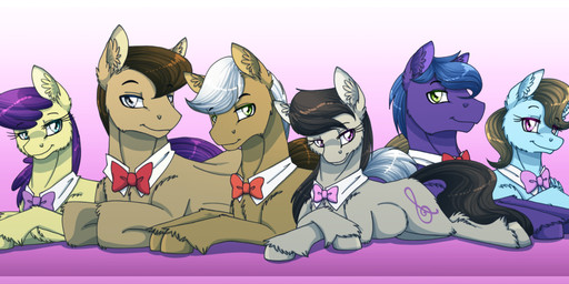 bow_(feature) bow_tie female feral group looking_at_viewer lying male inuhoshi-to-darkpen friendship_is_magic hasbro my_little_pony beauty_brass_(mlp) octavia_(mlp) earth_pony equid equine horse mammal pony 2015 character_request