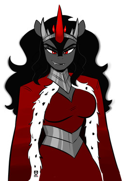 anthro black_hair cloak clothing crossgender crown eyebrows eyelashes fangs female fur_trim_(clothing) glistening_eyelids hair headgear horn long_eyelashes mtf_crossgender narrowed_eyes pupils red_clothing red_eyes simple_background slit_pupils solo tear_trough teeth white_background redxbacon friendship_is_magic hasbro my_little_pony mythology king_sombra_(mlp) equid equine mammal mythological_creature mythological_equine umbrum unicorn compression_artifacts hi_res