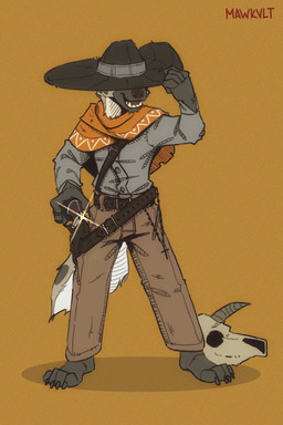 anthro barefoot belt belt_buckle belt_pouch bone boots buckle clothing cowboy cowboy_boots cowboy_hat cowboy_outfit feet footwear gun handgun hat headgear headwear horn male open_mouth ranged_weapon revolver shoes skull skull_head solo tail teeth teeth_showing tongue weapon wearing_hat mawkvlt kolya_yeen_(mawkvlt) hyena mammal 2:3 hi_res