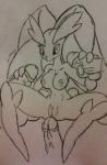 anthro breasts erection female genitals group humanoid_genitalia humanoid_penis male nipples nude penis solo_focus jaydademon nintendo pokemon generation_4_pokemon lagomorph lopunny mammal pokemon_(species) hi_res monochrome