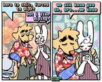 2_panel_comic abstract_background aloha_shirt anthro blush blush_stickers clasped_hands clothing dialogue duo eyelashes eyes_closed fur hand_on_shoulder male overalls pattern_clothing pattern_shirt pattern_topwear purple_eyes shirt standing tail text toilet topwear white_body white_fur rawdawgcomics rawdawgcomics_(series) bingus_(rawdawgcomics) stahli_(rawdawgcomics) canid canine canis domestic_dog lagomorph leporid mammal rabbit artist_name digital_media_(artwork) english_text