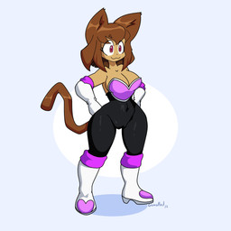 anthro big_breasts breasts brown_hair cleavage clothed clothing cosplay female hair red_eyes smile solo tail gunshad gameoverse glitch_productions sega sonic_the_hedgehog_(series) kit_bodega rouge_the_bat domestic_cat felid feline felis mammal absurd_res hi_res