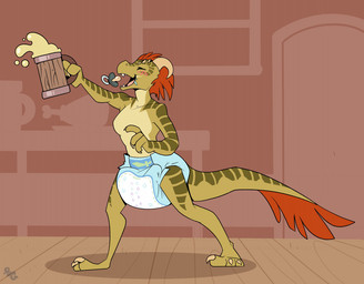 3_toes 4_fingers alcohol ambiguous_gender anthro bar beer beverage big_diaper black_pacifier blush blush_lines bodily_fluids breasts claws clean_diaper clothed clothing container cup diaper diaper_only door drooling drunk eyes_closed feathers feet finger_claws fingers floor food green_body green_scales green_tail head_feathers head_horn holding_beer holding_container holding_cup holding_mug holding_object horn inside logo meat mug pacifier red_body red_feathers red_tail_feathers saliva scales scaly_tail solo substance_intoxication tail teeth toe_claws toes topless wearing_diaper window wood wood_floor bubblepuppers microsoft the_elder_scrolls keerha argonian scalie artist_logo full-length_portrait portrait