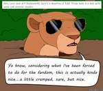 aviator_glasses dialogue eyewear female feral fur furgonomic_eyewear furgonomics glasses hole_(pit) humor in_ground outside plant shitpost shrub solo speech_bubble sunglasses tan_body tan_fur text what backlash91 conditional_dnp disney the_lion_king nala_(the_lion_king) felid feline lion mammal pantherine 2022 english_text hi_res meme signature