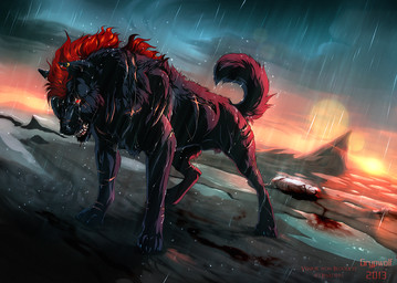 animal_genitalia blood bodily_fluids day detailed_background feral fully_sheathed genitals hair male outside paws raining red_eyes red_hair sheath sky solo sun grypwolf canid canine canis mammal wolf 2013 digital_drawing_(artwork) digital_media_(artwork)