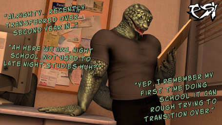 anthro black_sclera bottomwear brown_clothing brown_shirt brown_topwear clipboard clothed clothed_anthro clothed_male clothing dialogue green_body green_scales looking_at_viewer male pants scales shirt solo t-shirt talking_to_viewer text topwear yellow_eyes psikokinetic petruz_(modeler) isamu_(psikokinetic) reptile scalie snake 2024 3d_(artwork) digital_media_(artwork) english_text hi_res source_filmmaker_(artwork)