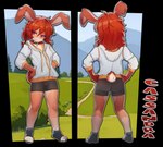 anthro biped bottomwear brown_hair clothing female hair hoodie scut_tail short_tail shorts solo spandex spandex_shorts tail tight_bottomwear tight_clothing tight_shorts topwear young young_anthro young_female sicmop cassandra_(reinabaird) lagomorph leporid mammal rabbit alpha_channel hi_res