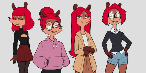 alternate_costume alternate_hairstyle anthro bangs bob_cut bottomwear braces cleavage_cutout clothing cutout denim denim_bottomwear denim_clothing denim_shorts eyewear female glasses group hair hair_bun hoodie legwear long_hair pantyhose shorts skirt topwear hexecat ollie_(lfswail) eulipotyphlan hedgehog mammal 2:1 absurd_res hi_res