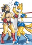 2_tails anthro bangs black_hair black_nose blue_boots blue_clothing blue_eyes blue_footwear boots boxing boxing_gloves boxing_shorts breasts bruised clothing determined dipstick_tail duo exposed_breasts female fighting_ring footwear fur hair handwear male markings mouthguard multi_tail multicolored_tail nipples orange_eyes ponytail punch red_boots red_clothing red_footwear shoes simple_background sport tail tail_markings tan_body tan_fur thong turnbuckle underwear uppercut white_body white_fur yellow_body yellow_fur dcheese sega sonic_the_fighters sonic_the_hedgehog_(series) honey_the_cat miles_prower canid canine domestic_cat felid feline felis fox mammal 2018 hi_res traditional_media_(artwork)