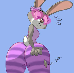 4_fingers accident anthro big_butt biped blue_background bodily_fluids bottomwear breasts butt claws clothing eyelashes eyewear female finger_claws fingers fur grey_body grey_fur heart_sunglasses long_ears looking_down looking_down_at_self low-angle_view medium_breasts multicolored_body multicolored_fur nervous nervous_sweat pants pattern_bottomwear pattern_clothing pattern_pants pink_bottomwear pink_clothing pink_eyes pink_eyewear pink_nose pink_pants pink_shirt pink_sunglasses pink_tank_top pink_topwear pose rear_view ripping_sound_effect scut_tail shirt shocked short_tail simple_background solo sound_effects striped_bottomwear striped_clothing striped_pants stripes sunglasses sweat sweatdrop tail tank_top thick_thighs tight_clothing topwear torn_bottomwear torn_clothing torn_pants two_tone_body two_tone_fur white_body white_finger_claws white_fur white_sclera wide_eyed wide_hips rudy_quorido disney zootopia judy_hopps european_rabbit lagomorph leporid mammal oryctolagus rabbit 2025 colored digital_drawing_(artwork) digital_media_(artwork) hi_res pinup shaded