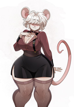 anthro bangs_over_eyes big_breasts bottomwear breasts cleavage clothed clothed_anthro clothed_female clothing collared_shirt covered_eyes curvy_figure dress_shirt female female_anthro hair hidden_eyes legwear shirt skirt solo stockings suspenders thick_thighs topwear wide_hips anonymous_artist mammal mouse murid murine rodent absurd_res hi_res