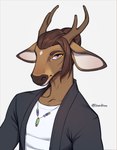 anthro antlers clothed clothing horn jacket jewelry looking_at_viewer male manbun necklace simple_background solo topwear white_background dash_ravo frankie_(wrinklynewt) cervine deer mammal sika_deer 2024 absurd_res hi_res portrait