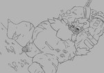 anthro balls belly blush bodily_fluids bound chain chained cum cum_on_ground genital_fluids genitals kemono male overweight overweight_male penis simple_background sitting solo sweat ugarasi12 capcom monster_hunter goss_harag 2021 hi_res monochrome