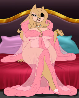 anthro barely_visible_nipples bathrobe bed bedroom big_breasts bracelet breasts clothing crossed_legs curvy_figure detailed_background eye_patch eyelashes eyewear female footwear fur furniture gem hair half-closed_eyes high_heels inside jewelry lingerie looking_at_viewer mature_anthro mature_female multicolored_body multicolored_fur narrowed_eyes necklace nipples on_bed open_mouth pearl_(gem) pearl_necklace pumps robe shoes sitting sitting_on_bed slightly_chubby smile solo tan_body tan_fur tan_hair thick_thighs translucent translucent_clothing two_tone_body two_tone_fur voluptuous wide_hips crovirus canid canine mammal absurd_res character_request hi_res