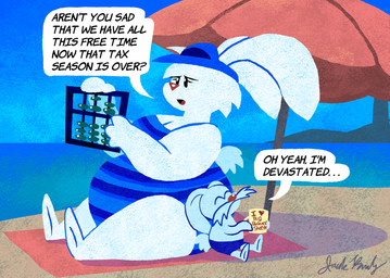 anthro belly breasts coffee_mug duo eyes_closed facial_hair female long_ears male mustache overweight overweight_female shadow speech_bubble text jack_brady lagomorph leporid mammal rabbit 2026 artist_name digital_drawing_(artwork) digital_media_(artwork) hi_res signature
