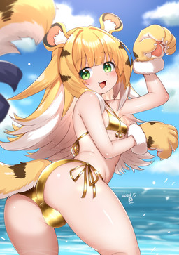 beach bikini black_ears blonde_hair blue_accessory blush clothing cloud countershade_tail countershading cute_fangs fangs female gloves gold_bikini green_eyes hair handwear markings open_mouth outside paw_gloves sky solo standing striped_markings striped_tail stripes swimwear tail tail_markings teeth two-piece_swimsuit water white_hair yellow_tail horokusa0519 golden_week mihoyo zenless_zone_zero ju_fufu animal_humanoid felid felid_humanoid humanoid mammal mammal_humanoid pantherine pantherine_humanoid thiren tiger tiger_humanoid 2026 hi_res