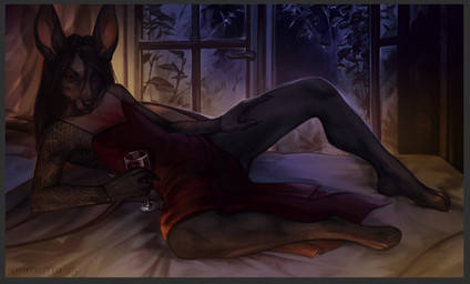 alcohol ambiguous_gender anthro barely_visible_genitalia bedroom bedroom_eyes beverage border clothed clothing crossdressing dress femboy fishnet_clothing fishnet_topwear genitals grey_border looking_at_viewer male narrowed_eyes seductive slim solo topwear wine sophynelle bones_(howfarifell) bat mammal hi_res