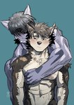 abs anthro black_body black_fur black_hair blush duo fur hair hug hugging_another hugging_from_behind male male/male nipples pecs shirtless shirtless_anthro shirtless_male natsunouro lifewonders live_a_hero dog_operator protagonist_(live_a_hero) tsuneaki canid canine canis domestic_cat domestic_dog felid feline felis mammal hi_res