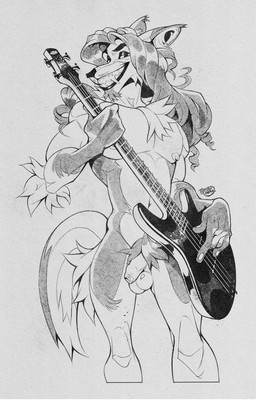 anthro arm_tuft balls chest_tuft elbow_tuft electric_guitar facial_hair fangs flaccid foreskin genitals goatee guitar hair half-closed_eyes humanoid_genitalia humanoid_penis long_hair looking_at_viewer male musical_instrument narrowed_eyes nude penis plucked_string_instrument pubes rock_out_with_your_cock_out simple_background smile smirk smug smug_face smug_grin solo string_instrument teeth tuft unretracted_foreskin white_background terribleanimal canid canine canis domestic_dog mammal 2023 greyscale hi_res monochrome