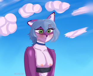 anthro breasts female fur inner_ear_fluff nipples nude outside public simple_background solo tuft loafy_arts canid mammal comic digital_media_(artwork)