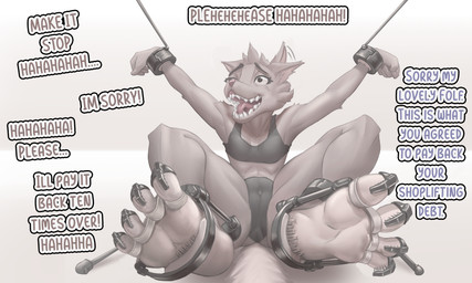 4_toes andrina_wolf anthro arms_above_head barefoot bdsm bondage bound clothed clothing cuff_(restraint) feet female foot_fetish fur offscreen_character plantigrade restraints shackles sitting soles solo submissive submissive_female tail text tickling toe_restraints toes monduck hybrid mammal 5:3 absurd_res english_text hi_res
