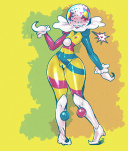 abstract_background areola biped blue_areola blue_body blue_nipples blush blush_lines breasts female female_humanoid genitals heart_symbol humanoid_genitalia humanoid_vulva mismatched_nipples multicolored_body navel nipples not_furry nude nude_female nude_humanoid pigeon_toed pink_areola pink_body pink_nipples pink_tongue small_breasts solo standing teeth thick_thighs tongue tongue_out vulva white_body wide_hips yellow_body currentlytr_ash nintendo pokemon blacephalon generation_7_pokemon humanoid pokemon_(species) ultra_beast 2026 hi_res